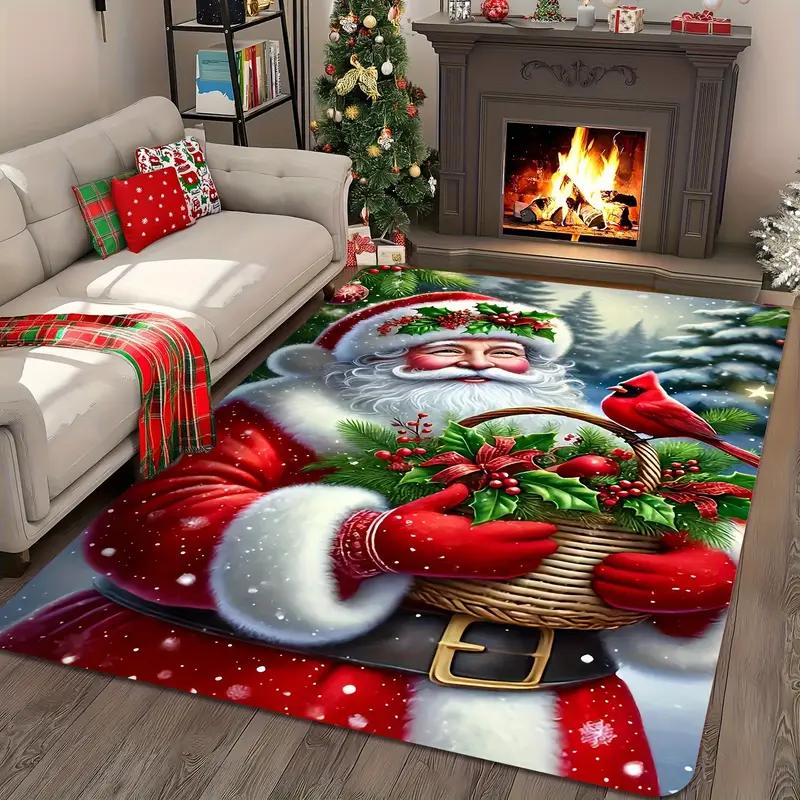 Christmas Living Room Rugs Santa Sleigh Design Merry Christmas Print Holiday Decor Mats for Festive Home