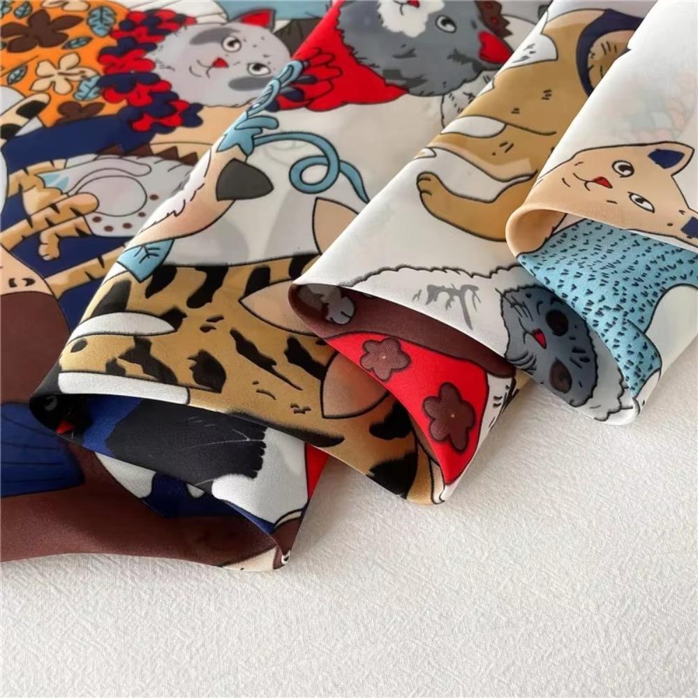 Retro Cartoon Cat Head Wrap Headband Imitation Silk Women Neckerchief Spring and Summer