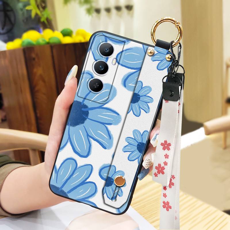 Phone Holder Durable Phone Case For Realme C65 Oil Painting Anti-dust Flower Silicone Shockproof Wristband Waterproof