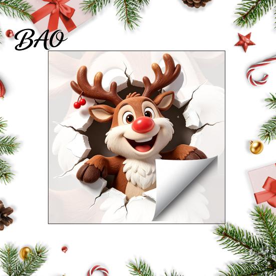 Christmas Wall Decals Reindeer Decal, 3D Hole Illusion Red Nose Rudolph Sticker, Stickers Peel And Stick Waterproof PVC Decor for Kids Room