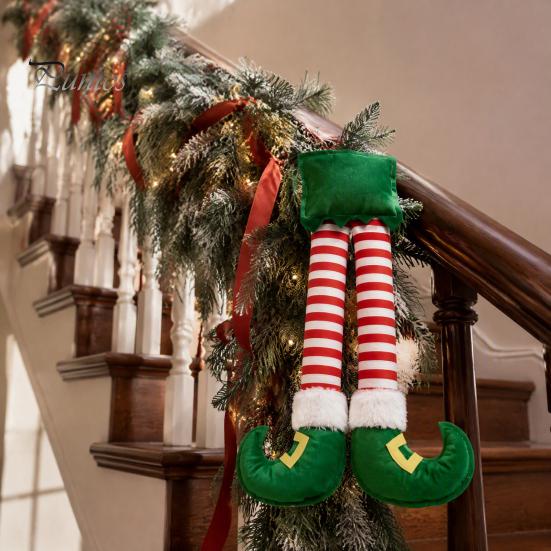 Decorative Props for Christmas Gift Exchange Elf Leg Hanging Ornaments, Red Green Striped Fabric Decorations Lightweight Holiday Tree Fireplace