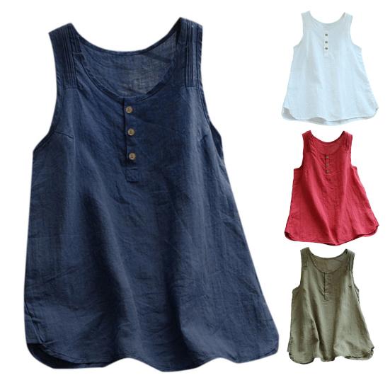 Women Vest Round Neck Sleeveless Solid Color Tank Tops Loose Fit Buttons Decor Summer Camisole Daily Wear