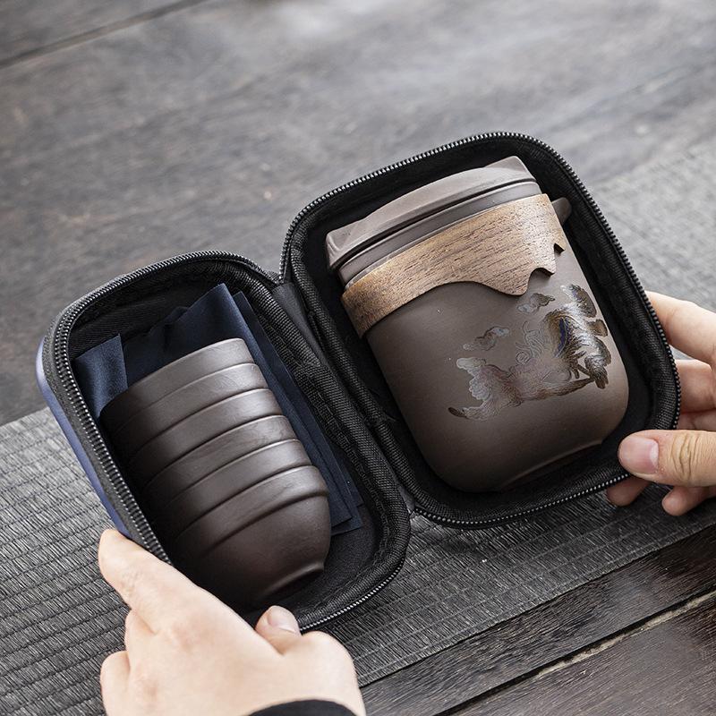 Travel tea set set bag, outdoor express cup, purple sand ceramic, a pot of six cups, heating color-changing business gifts