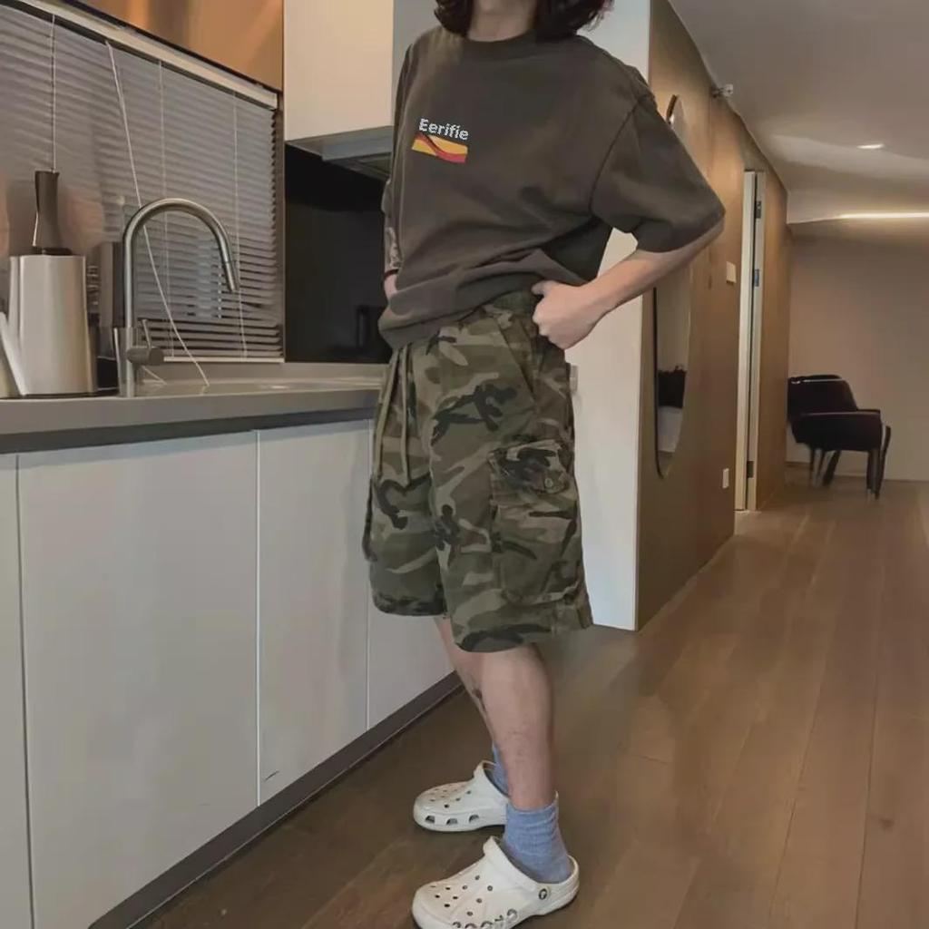 Шорты-карго унисекс в стиле ретро-камуфляж — летняя уличная одежда, свободный крой, универсальные, прямой покрой