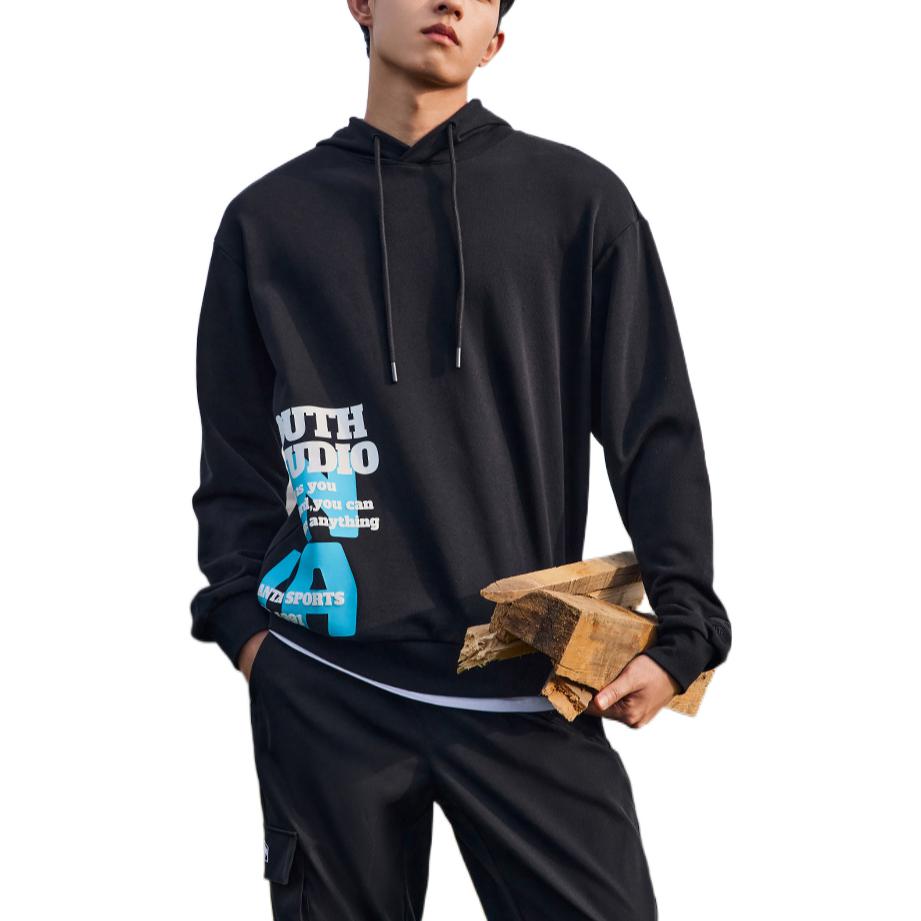 Anta Толстовка с капюшоном и длинными рукавами Lifestyle Series, однотонная, с буквенным принтом, унисекс, черная 952238703-3