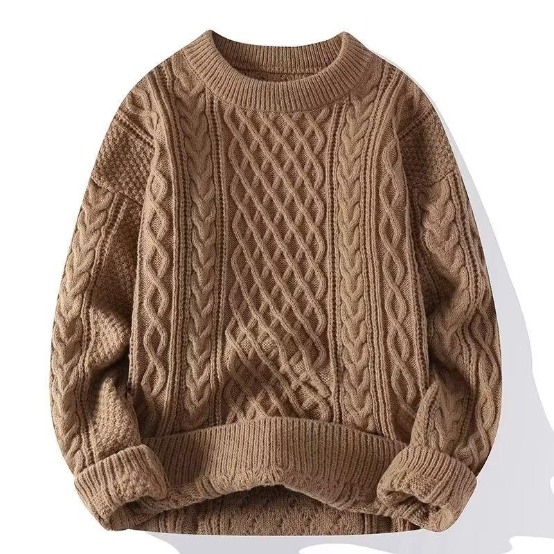 Men Trendy Knitted Sweater Casual Warm Inner Loose-fit Pullover Cozy Round Neck Soft Supple Fall Winter Fashion