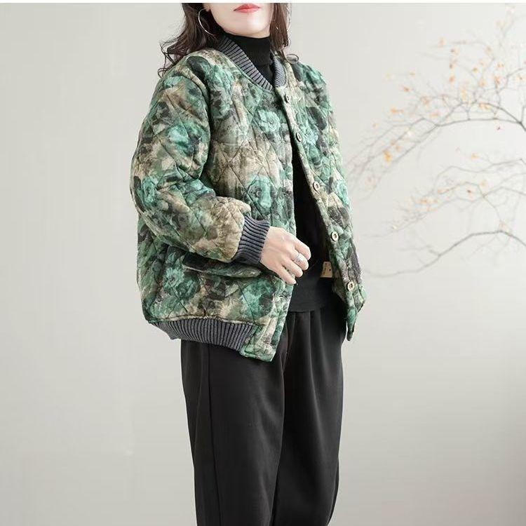 Women's Winter Loose Floral Padded Baseball Jacket Thickened Warm Cotton Coat Retro Printed