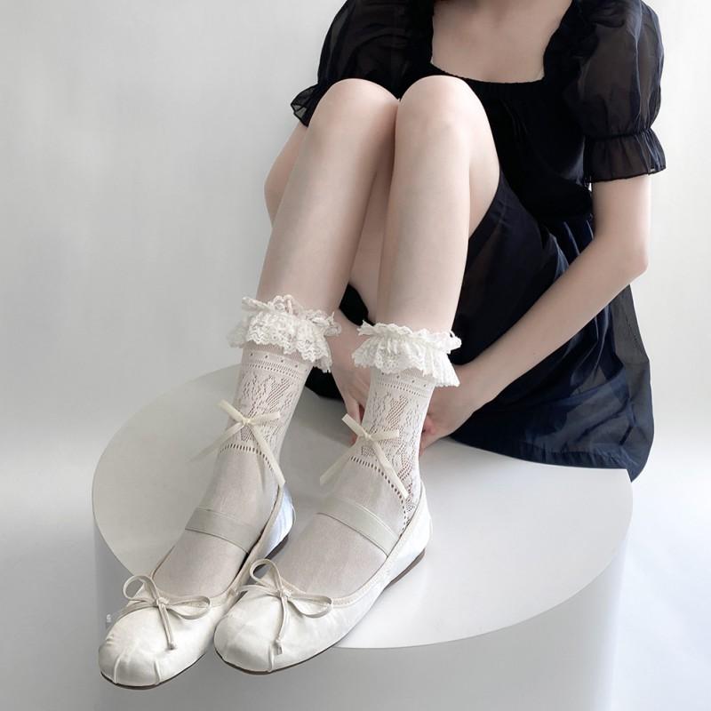 Sweet Lace Trim Ankle Socks With Bow Detail Women Breathable Thin Lolita Y2K Style