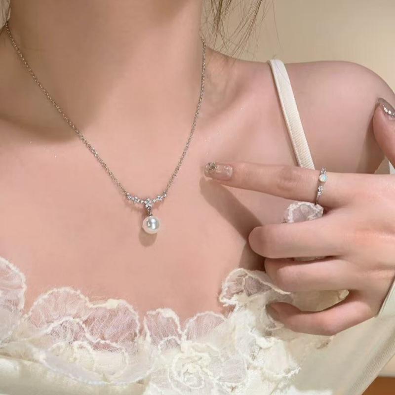 925 Silver Pearl Necklace Women Fashion Cherry Blossom Pendant Full Diamond