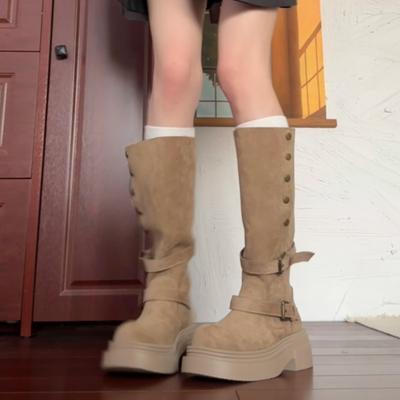 Мода Уличный Стиль Модный Пояс Пряжка Сапоги до колена Женские Туфли на платформе и каблуке Дизайн Элегантные Рыцарские Длинные Сапоги