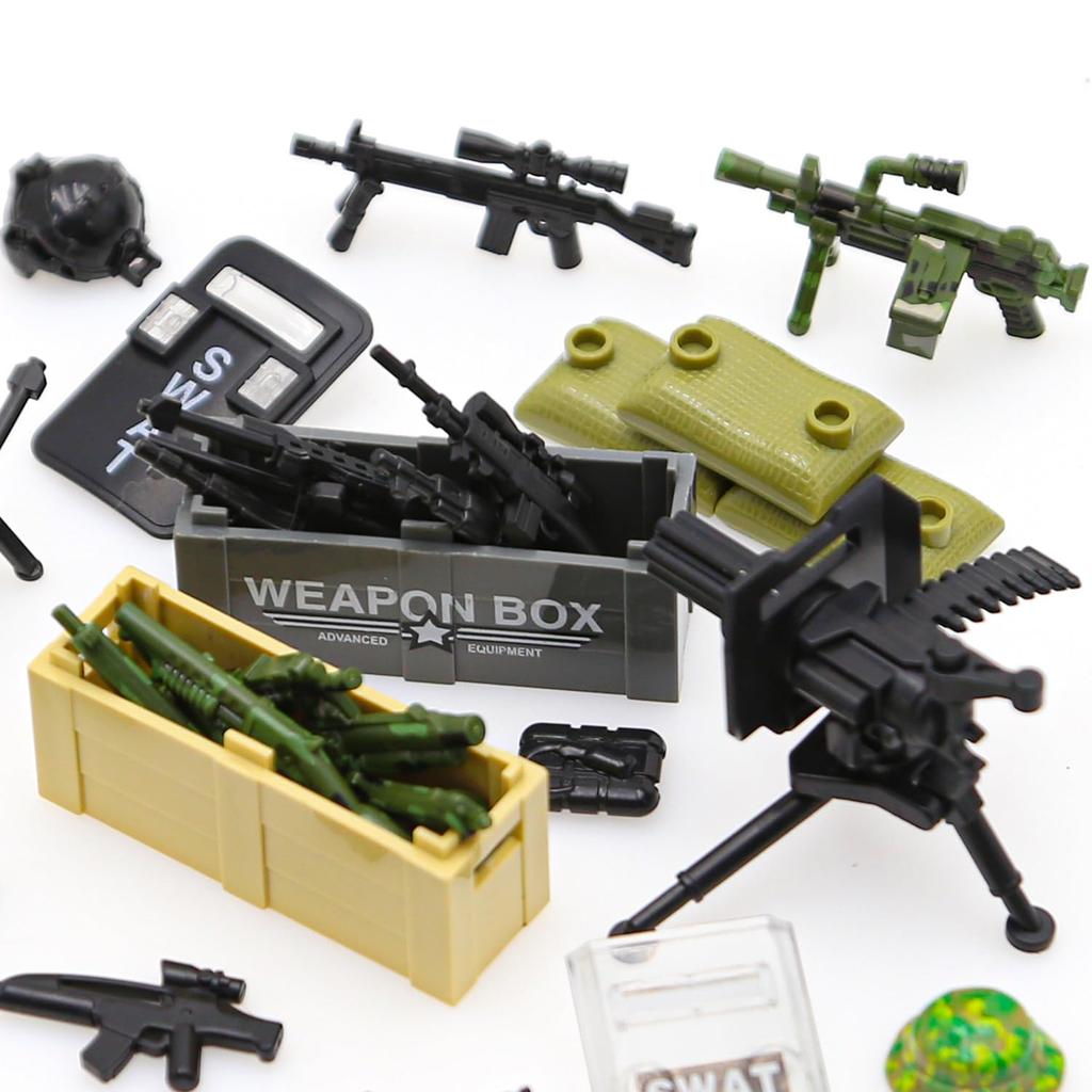 BrickBounty Guns Weapons Weapon Pack Compatible with Major Brand Building Includes Military WWII Military SWAT and Ammo 130-Pcs - - Blocks, Helmets,