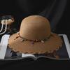 Spring Summer Folding Straw Hats Wide Brim Women's Sun Hat Bohemian Beaded Strap Straw Hat  Girls