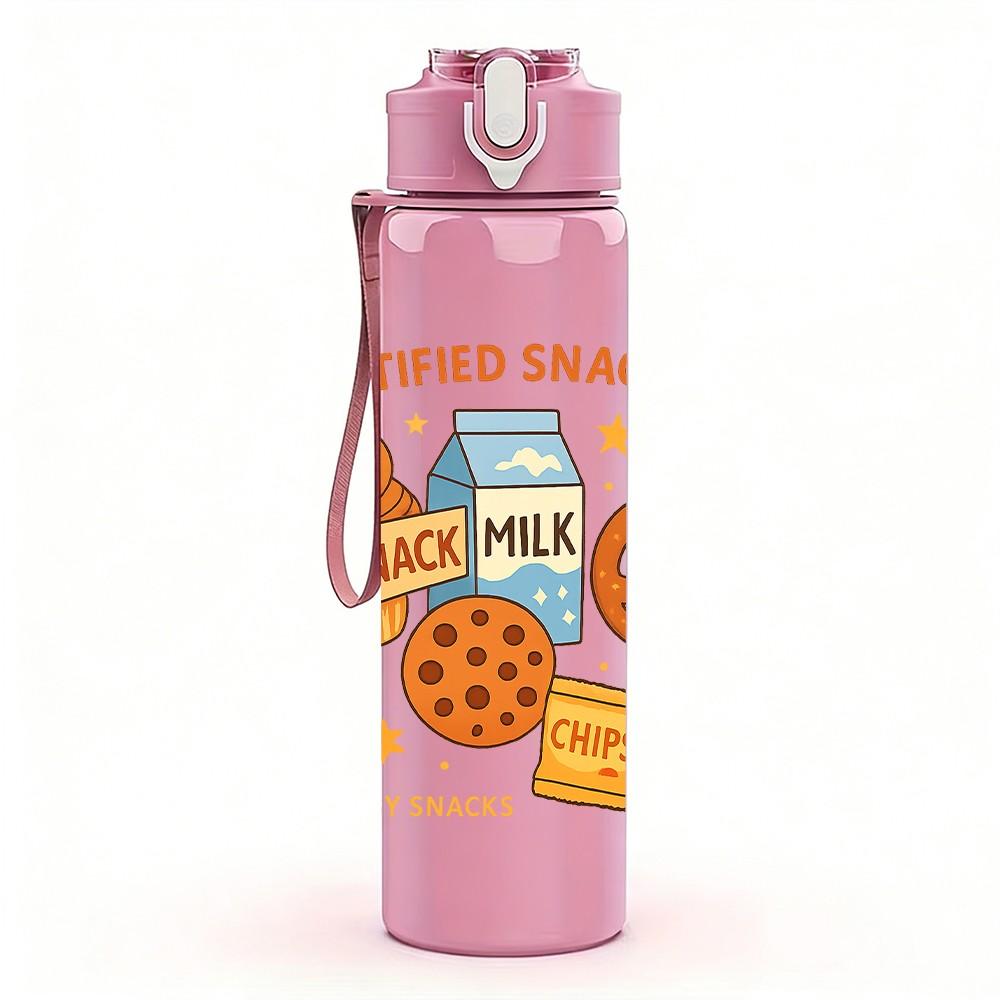 1PC Assorted Snack Food Print Pattern 750ml Color Plastic Sports Water Bottle Leakproof Flip Straw Lid Suitable for Sports Office Home Use