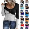 Женская футболка, модная повседневная футболка с цветными блоками, топ с длинным рукавом и пуговицами