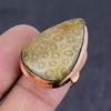 Natural Fossil Coral Gemstone Handmade Copper Jewelry Ring Size 6.5 Q2V87