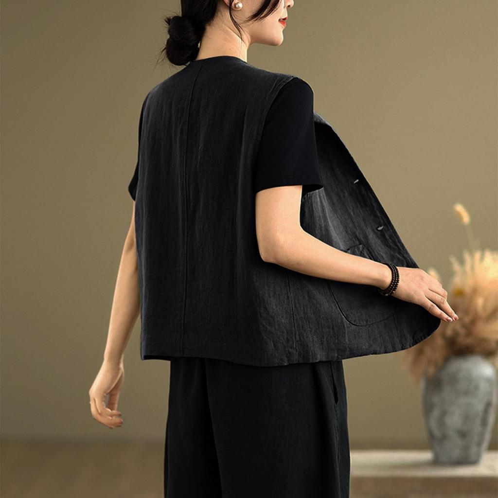 Womens Cotton Linen Vest Casual Sleeveless Coat Cardigans Lightweight Jacket Waistcoat Top