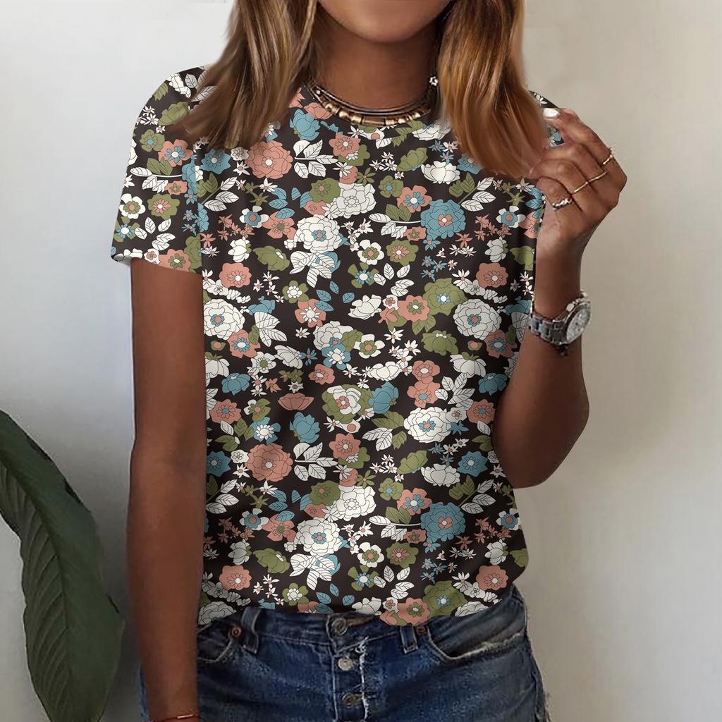 Женская футболка с короткими рукавами и круглым вырезом, модная футболка с цветочным принтом, повседневный топ, топ с короткими рукавами длиной до плеч
