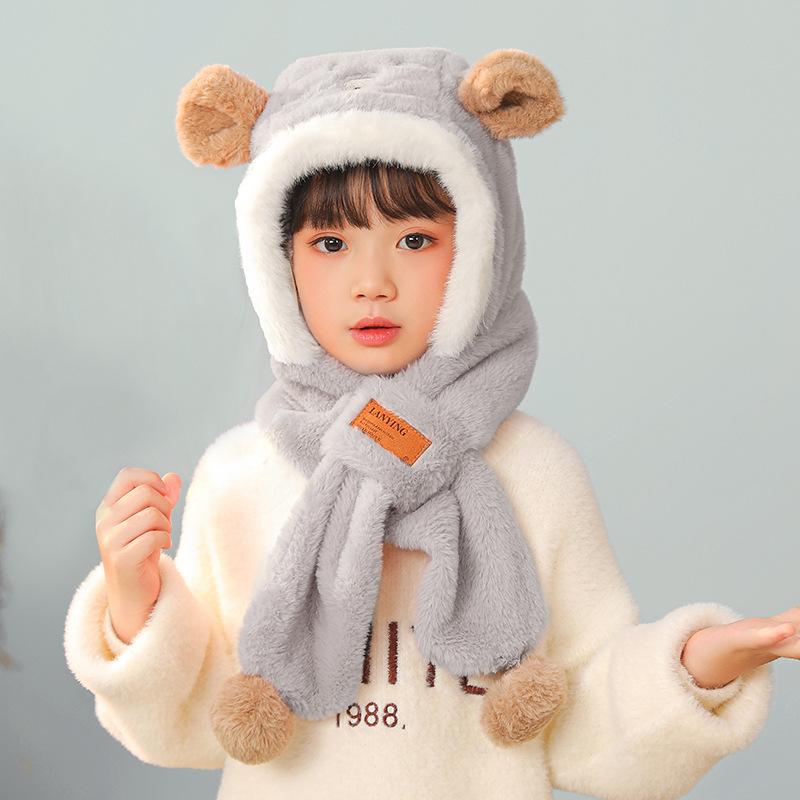 Bear hat, scarf, integrated children's winter thickened warm scarf, anti-fogging lenses, parent-child cycling ear protector