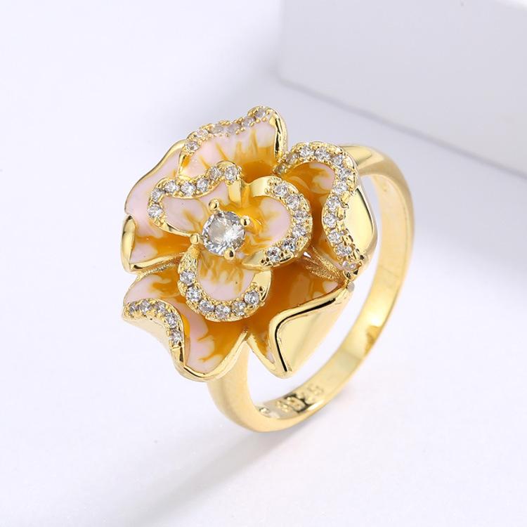 Enamel Jewelry Noble Gold Floral Zircon Flower Ring Bride Jewelry Handmade Glue