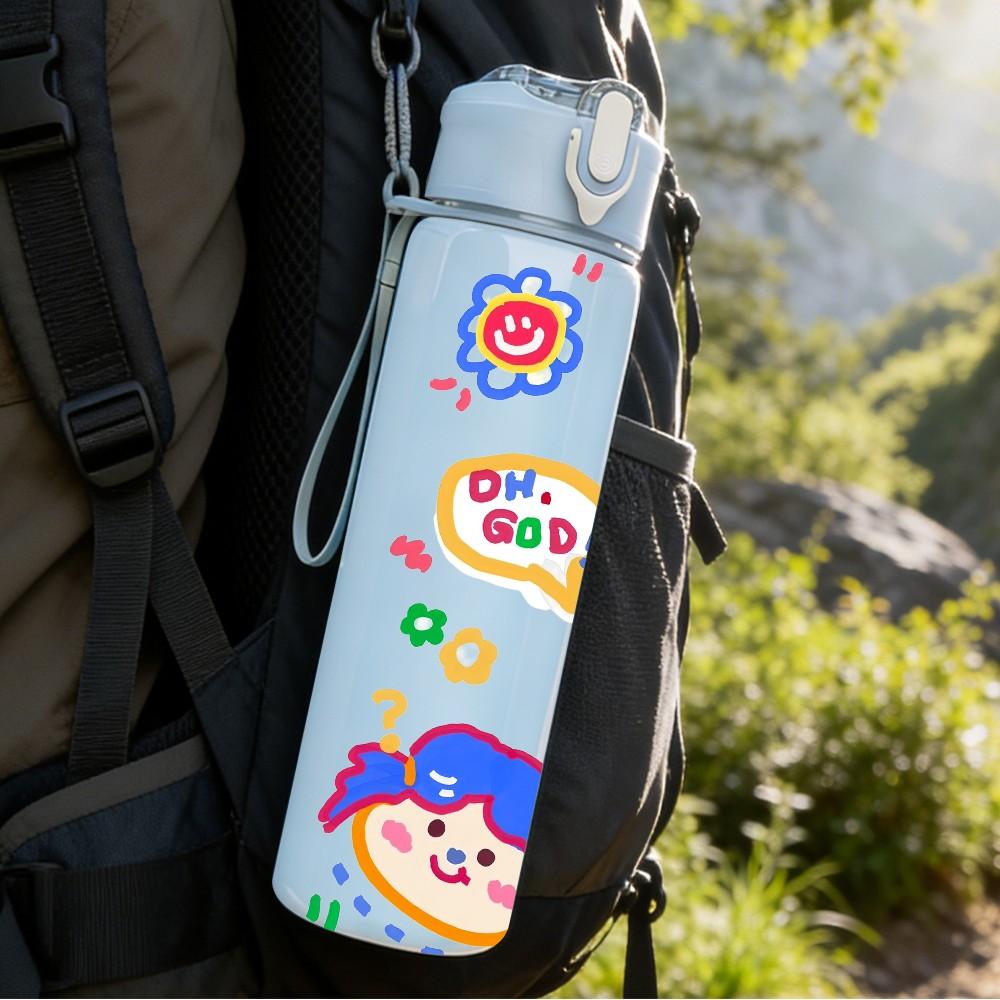 1PC Colorful Kids Cartoon Print 750ml Color Plastic Sports Water Bottle Leakproof Flip Straw Lid Suitable for Sports Office Home Use