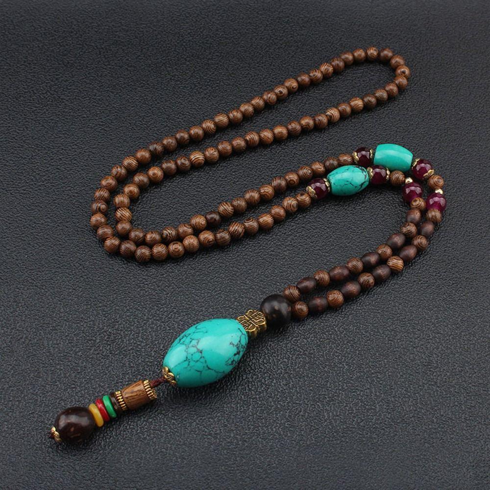 Vintage Lucky Gift Party Ethnic Jewelry Mala Wood Bead Nepal Necklace Horn Fish Pendant Buddhist