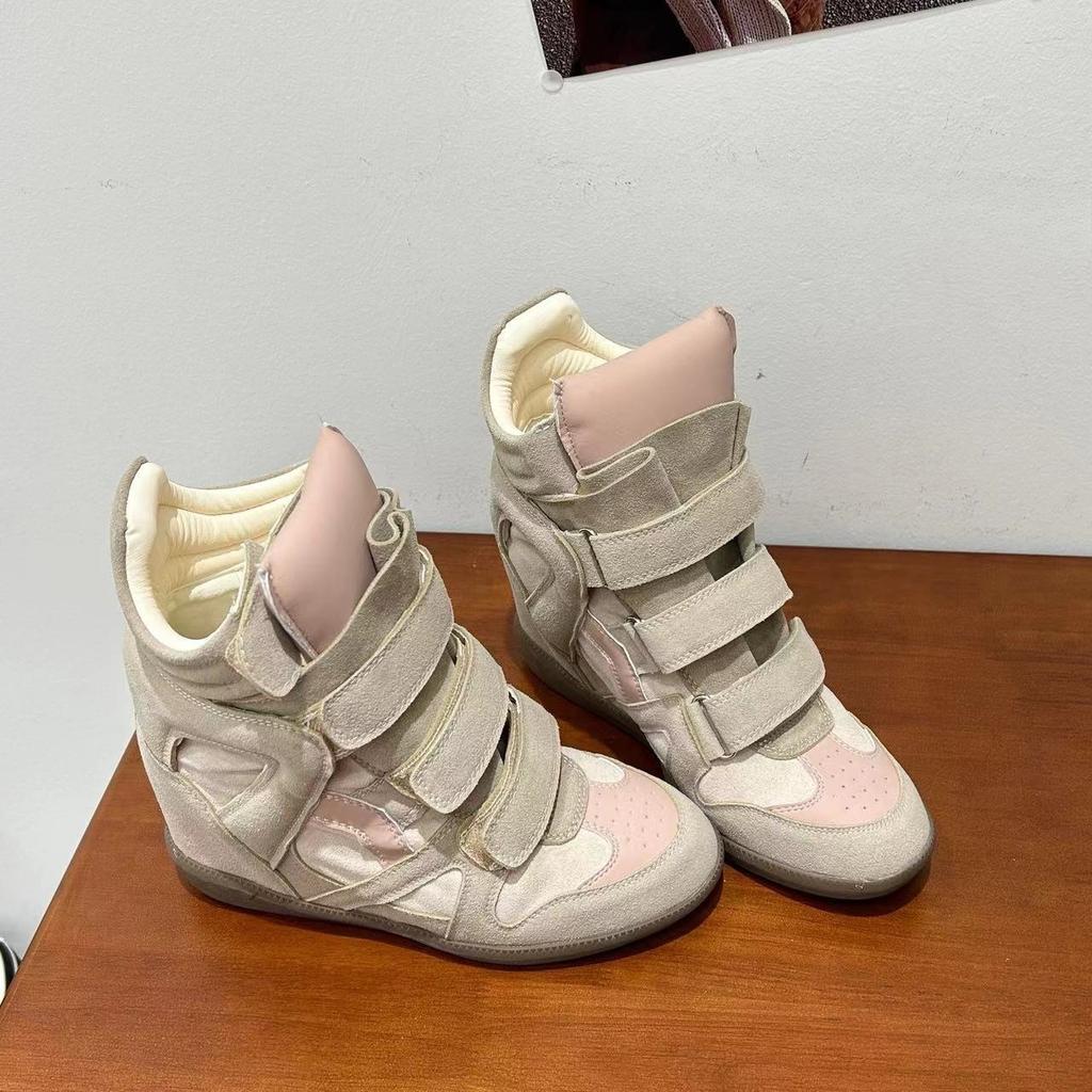 Осень и Зима Натуральная Кожа Толстая Подошва Внутреннее Увеличение Высоты Обувь Повседневная На липучке Высокие Женские Универсальные Увеличивающие Рост