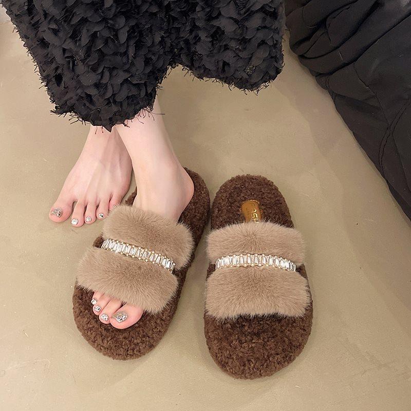 2025 Warm and Bright New Drill Fluffy Slippers Women's Fluffy Cotton Mop Autumn and Winter Wear Fluffy Shoes Thick Soles Go Out