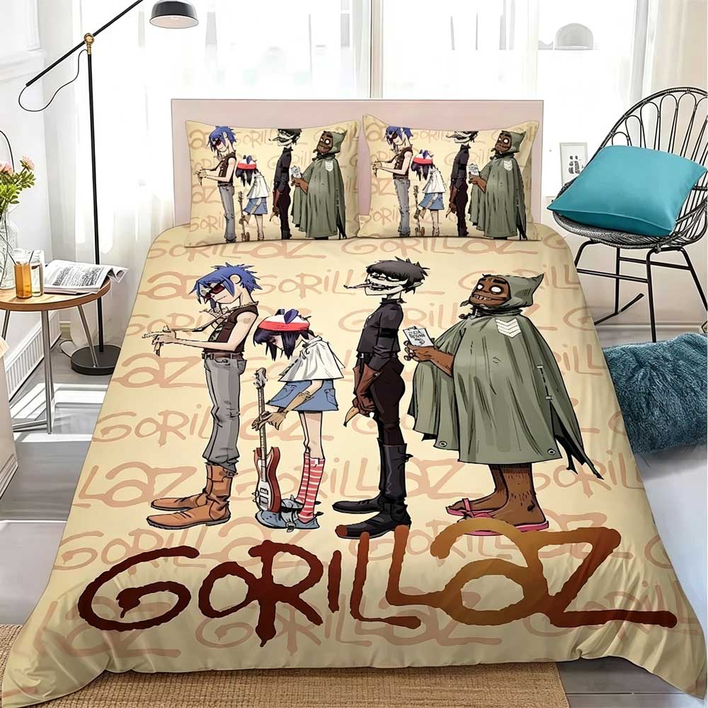 Домашний текстиль Мультяшные Музыкальная группа Gorillaz Пододеяльник Наволочка Мальчик Девочка Полиэстер Комплект постельного белья Размер King Queen Twin