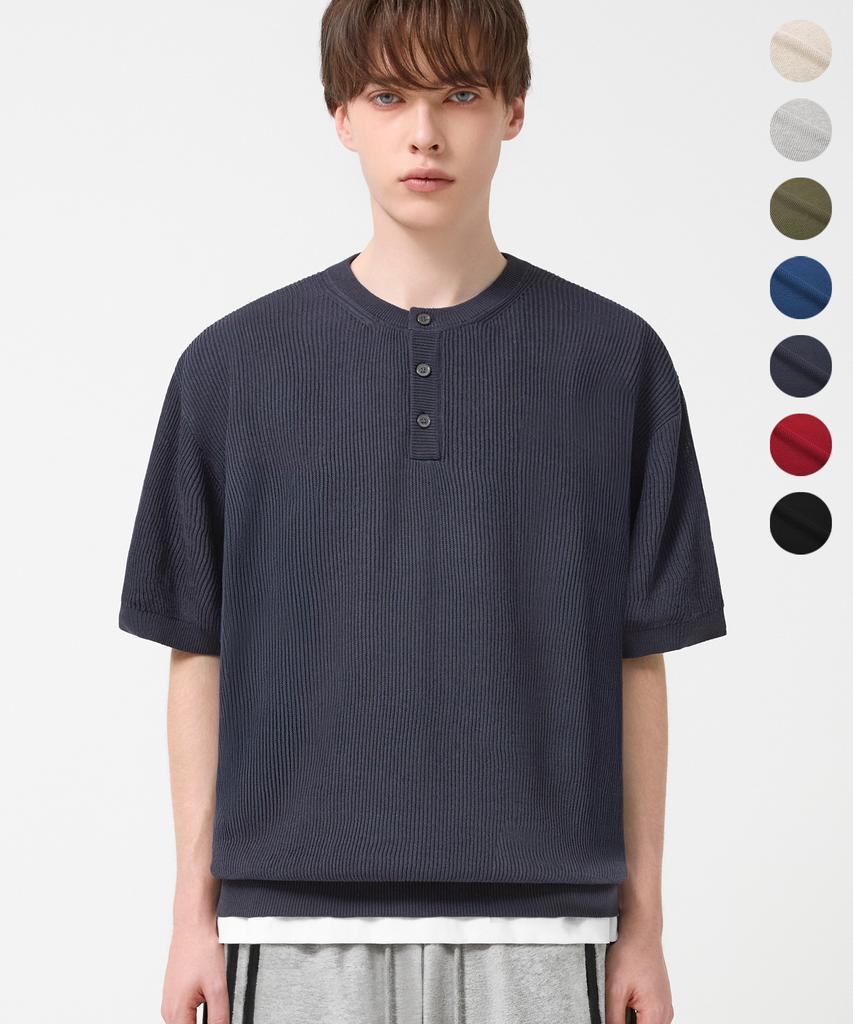 TRILLION Washable Linen Crop Henley Neck Short Sleeve Knit_7Color (C Type)