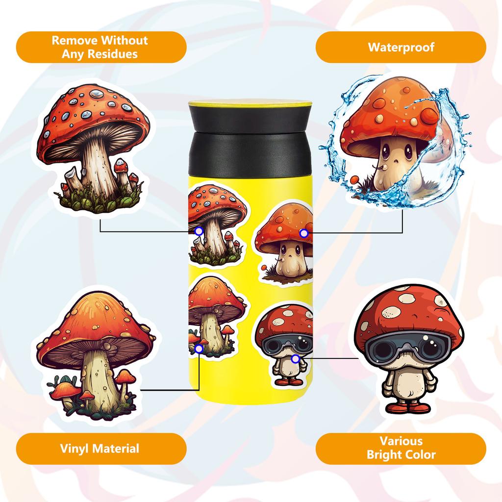 50PCS Trendy Mushroom Graffiti Stickers, Waterproof Decals for Luggage, Laptop & Decoration