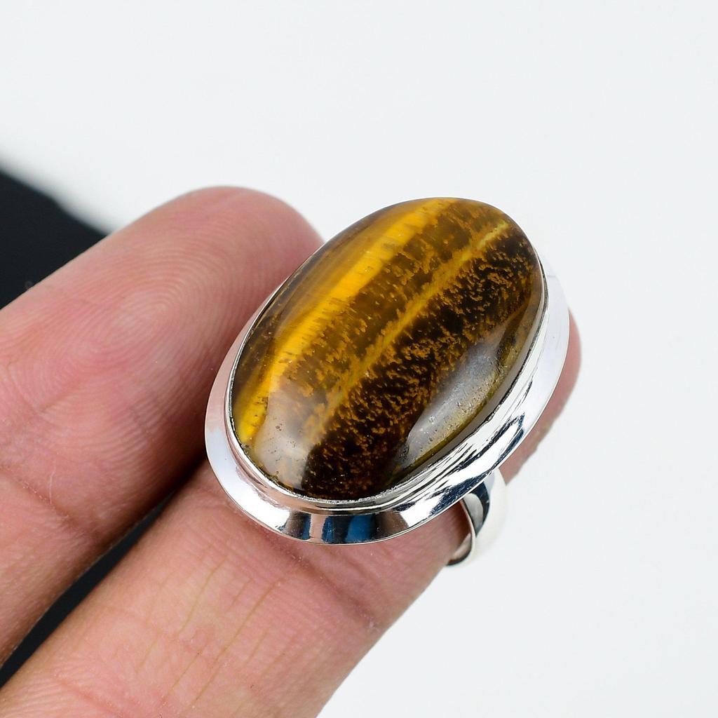 Кольцо из натурального тигрового глаза, регулируемое, из стерлингового серебра 925 пробы — подходит для размеров США от 6 до 11 — украшения ручной работы в стиле бохо для женщин и мужчин, праздничные наряды в подарок