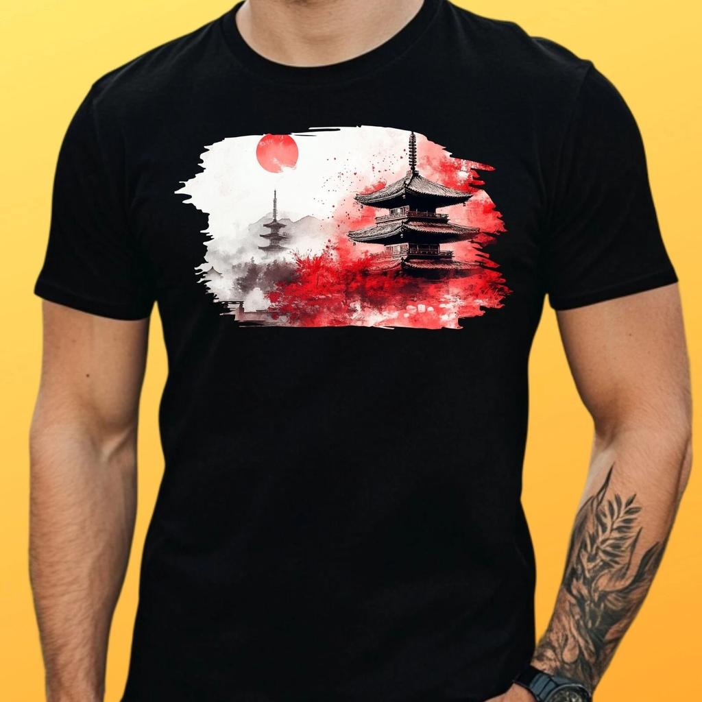 T-Shirt Herren Japanischer Tempel Motiv Baumwolle Größe S bis 5XL