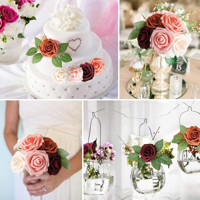 Искусственные цветы, 25/50 шт., искусственные розы, белые свадебные украшения для свадебного душа, композиции для вечеринок, украшения для столов(10 роз+5 листьев/25 роз+5 листьев)