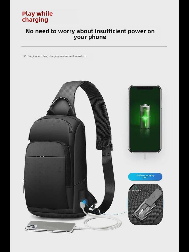 Мужская водонепроницаемая сумка CrossBorder на грудь с USB-портом для зарядки - большая вместимость, рюкзак-мессенджер на одно плечо