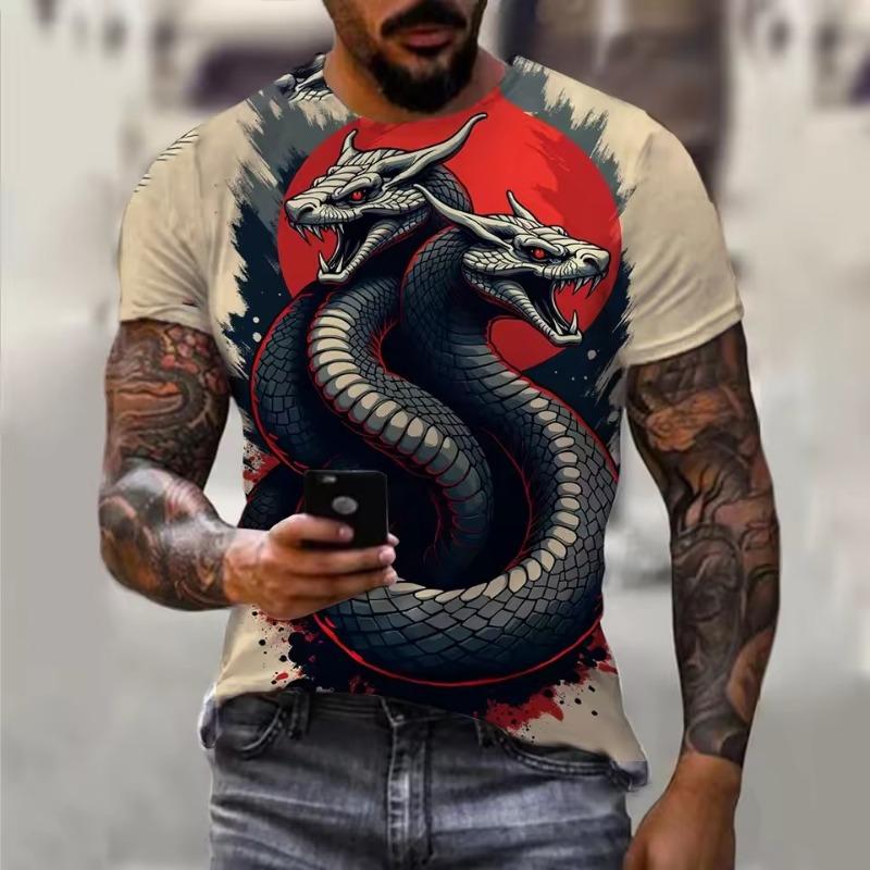 2025 Новый год Змеи Год Свирепый 3D принтованный мужской короткий рукав футболка повседневный удобный дышащий ретро принт короткий рукав