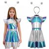 Girls Shiny Alien Outerspace Halloween Cosplay Costume Fling Sleeve Gradients A Line Tutu Dance Dress for Future World Party