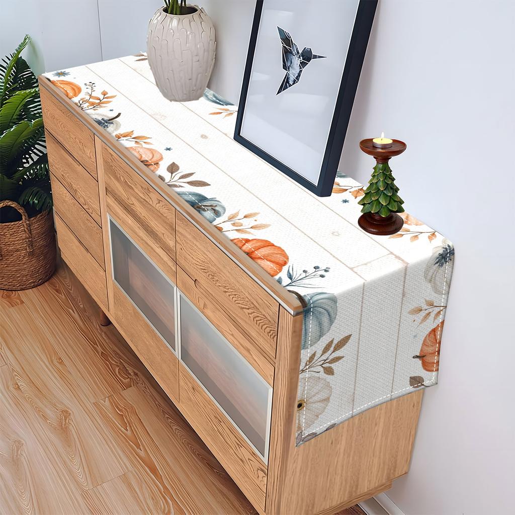 1 Piece Of Autumn-Themed Watercolor Table Runner With Pumpkins, Autumn Leaves, And Small Flowers, Suitable For Autumn And Thanksgiving Decorations