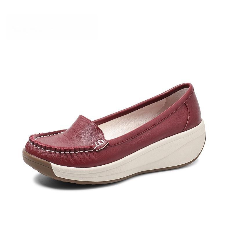 2025 Spring and Autumn New Slope Heel Thick Sole Soft Sole Mother Shoes Muffin Casual Little White Shoes Shallow Mouth Single Shoes Women's Loafers