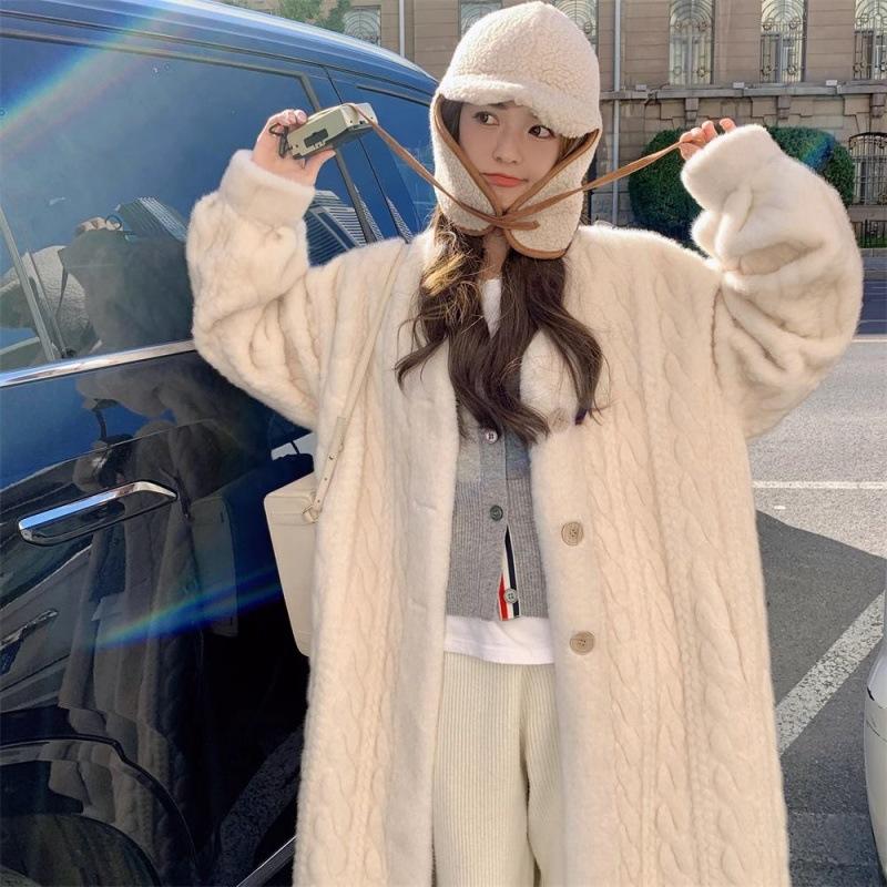 Women Cardigan Thickened Long Autumn Winter V Neck Thin Jacket Female Loose Simple Buttons Casual Fur Coat
