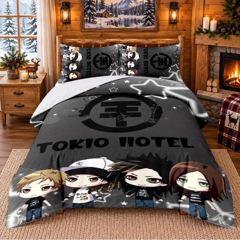 Tokio Hotel Pattern Bedding 3Pcs Set Bed Sheet And Pillowcases For Indoor Bedroom
