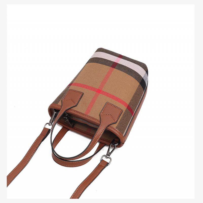 Women's Plaid Canvas & Leather Shoulder Tote, Dark Brown