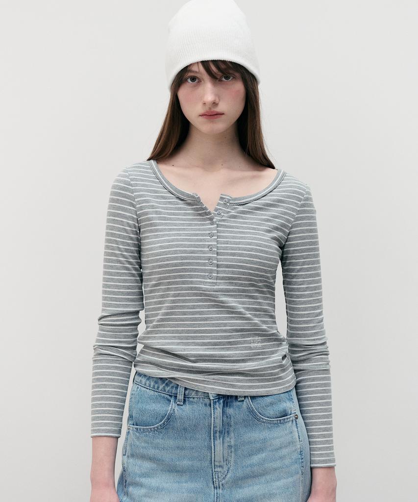 ROLAROLA Nubasic Lace Button Stripe T-Shirt Gray
