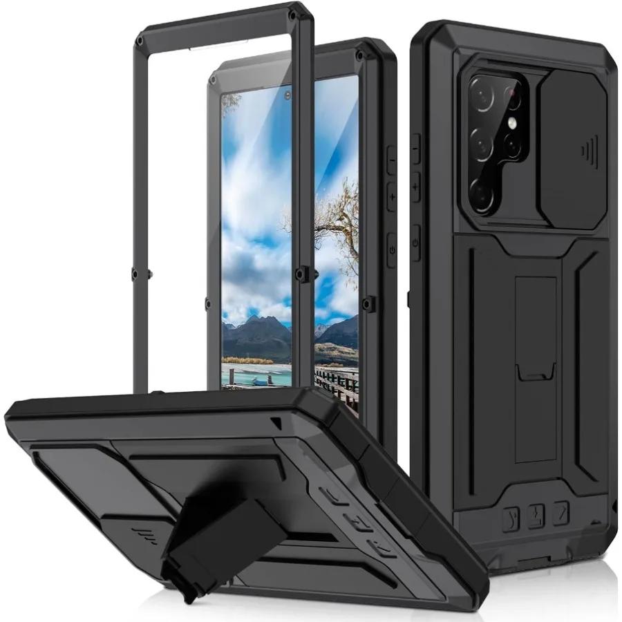 For Samsung S22 Plus S22 Ultra Case Rugged Aluminum Metal Stand with Screen Protector Shockproof Cover Screw Bumper