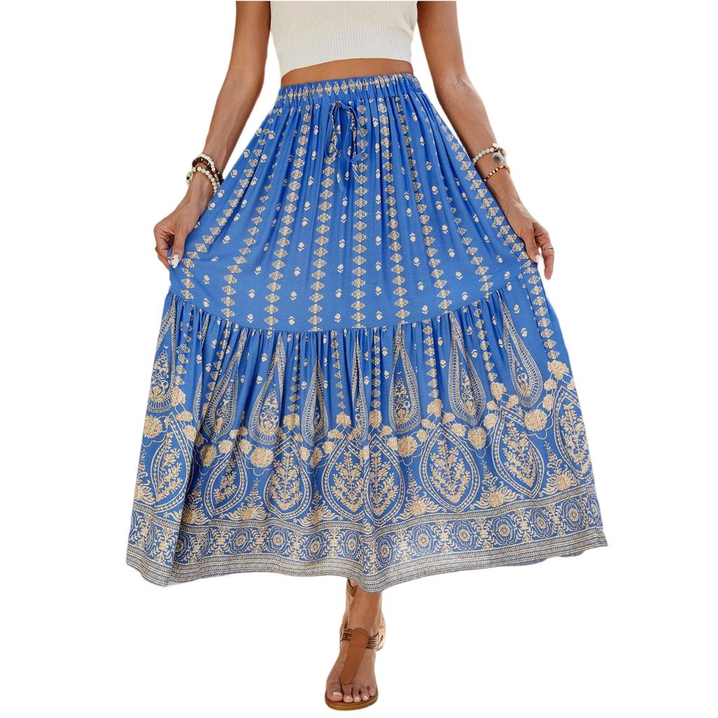 Женские юбки макси с цветочным принтом, летние платья-трубы, длинная плиссированная пляжная юбка А-силуэта