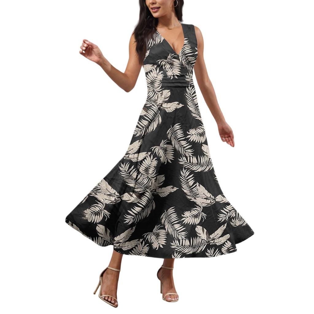 Женские модные повседневные свободные платья с V-образным вырезом без рукавов с принтом