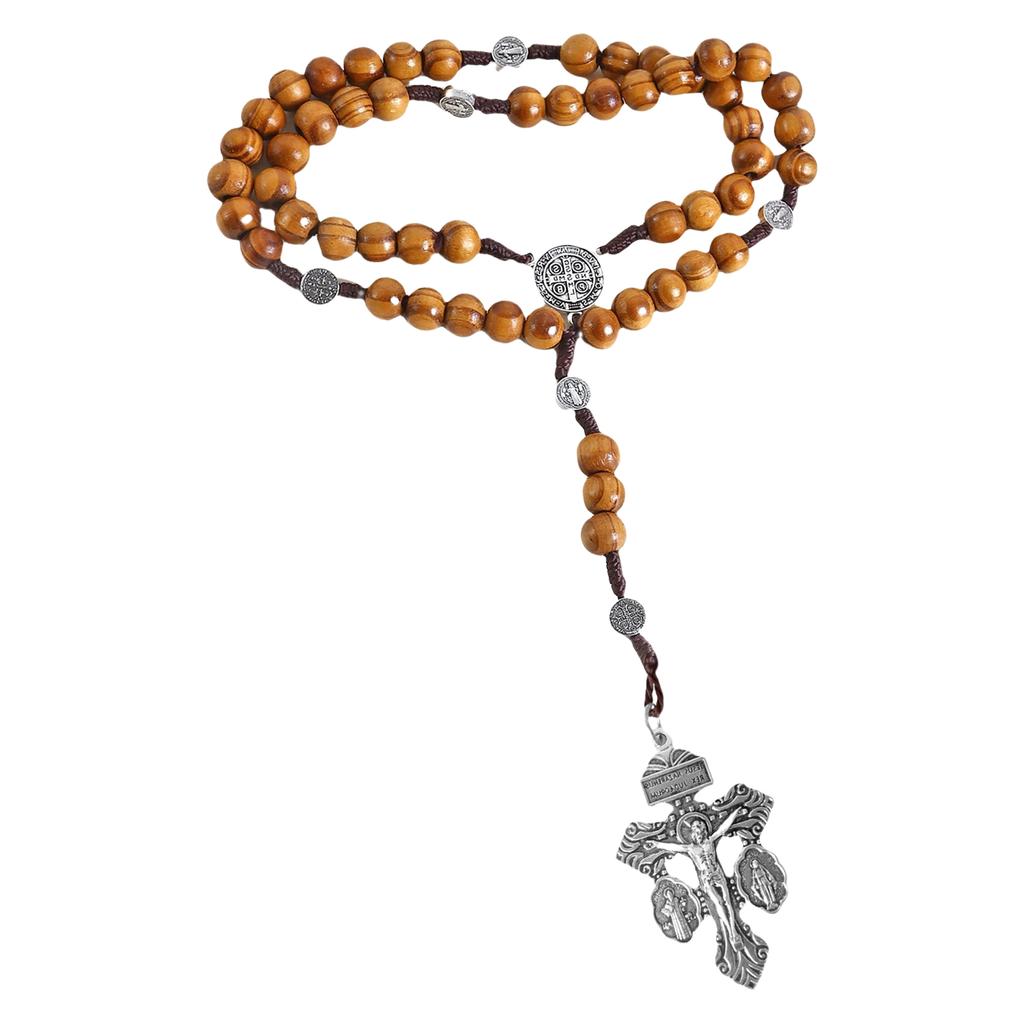 Плетеная цепочка из деревянных бусин, ожерелье-розарий с крестом «Прости меня» и медальонами-подвесками, христианский религиозный подарок для причастия