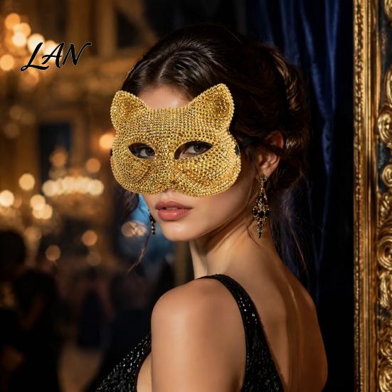Sparkling Carnival Face Mask Full Rhinestone Halloween Mask, Skull And Cat Adjustable Elastic Straps Costume for Theme Dances Masquerade Party