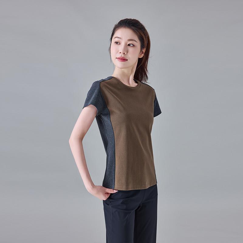 Color blocking splicing round neck short sleeved casual sports T-shirt for women