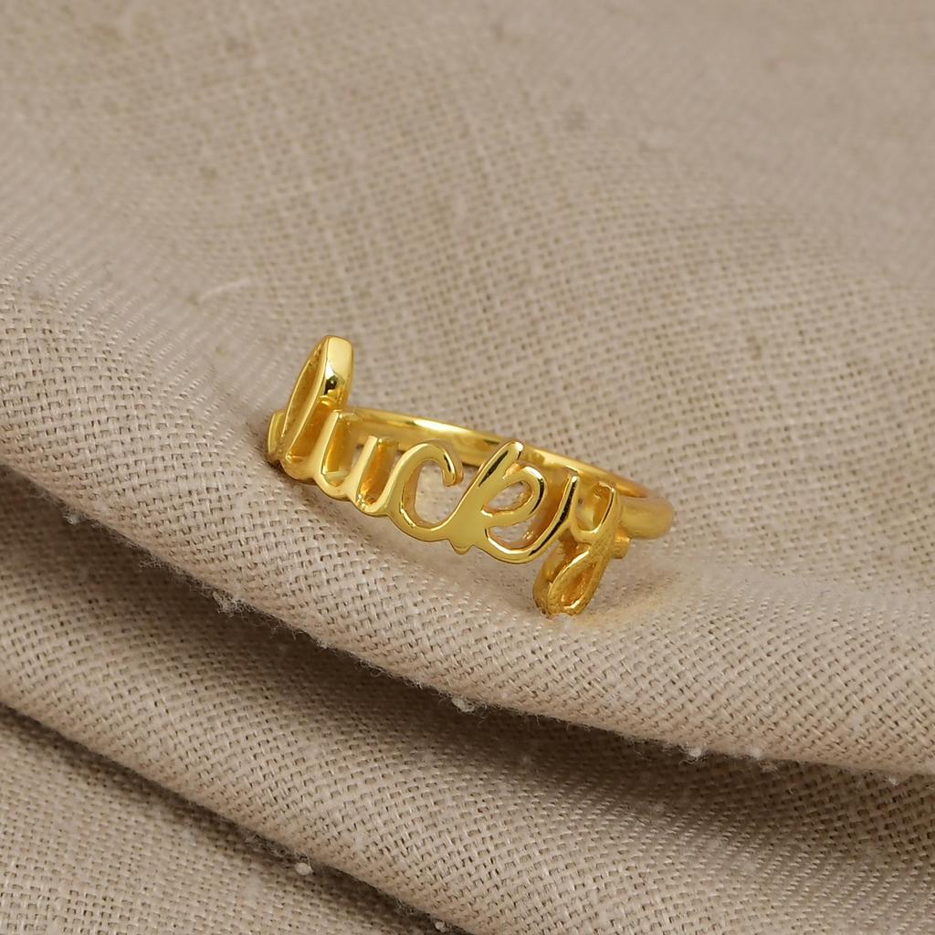 Lucky Name Ring, Script Ring, 925 Sterling Silver Gold Plated Ring, Name Ring, Minimalist Letter Ring, Gift for Her, Birthday Gift