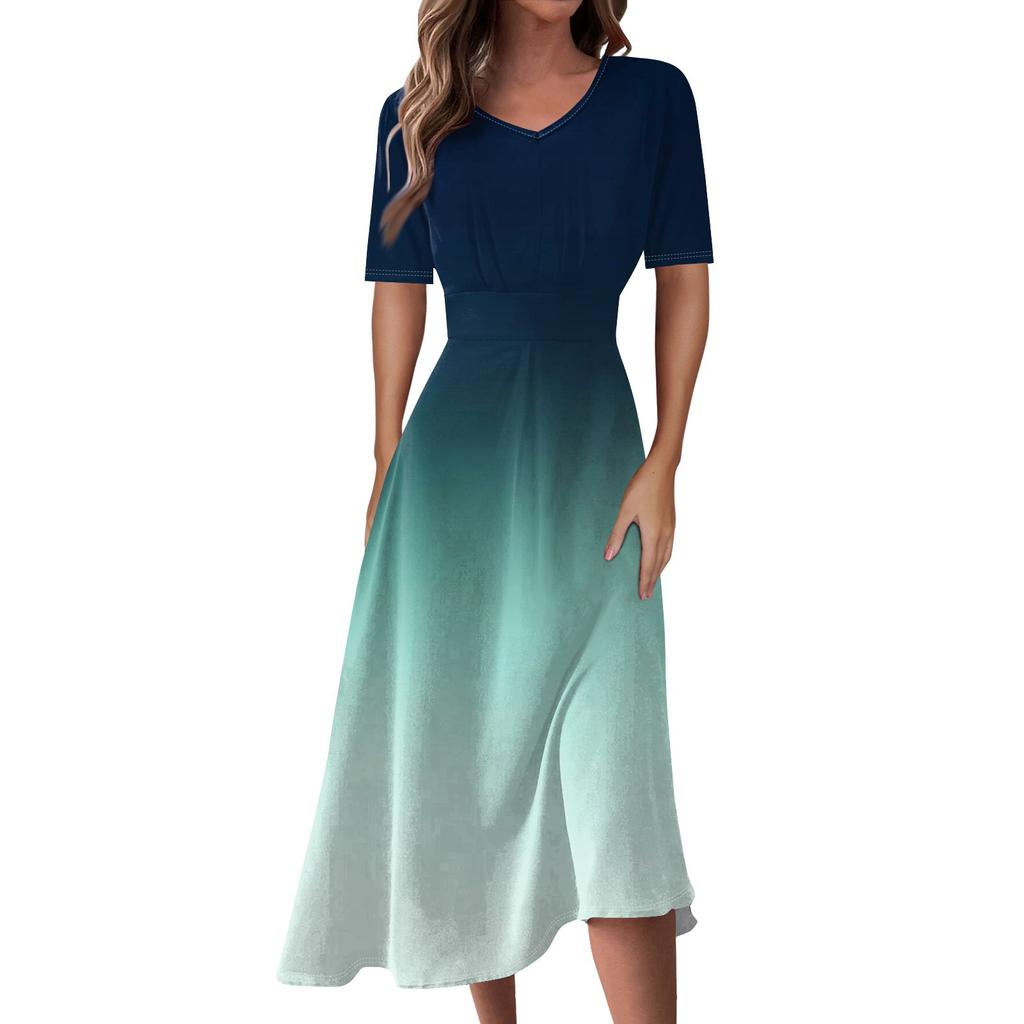 Ladies Casual Fashion Gradient Print V-Neck Short Sleeve Waist Long Swing Dress